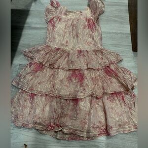 LoveShackFancy Girls Cream and Pink Tiered Ruffle Dress